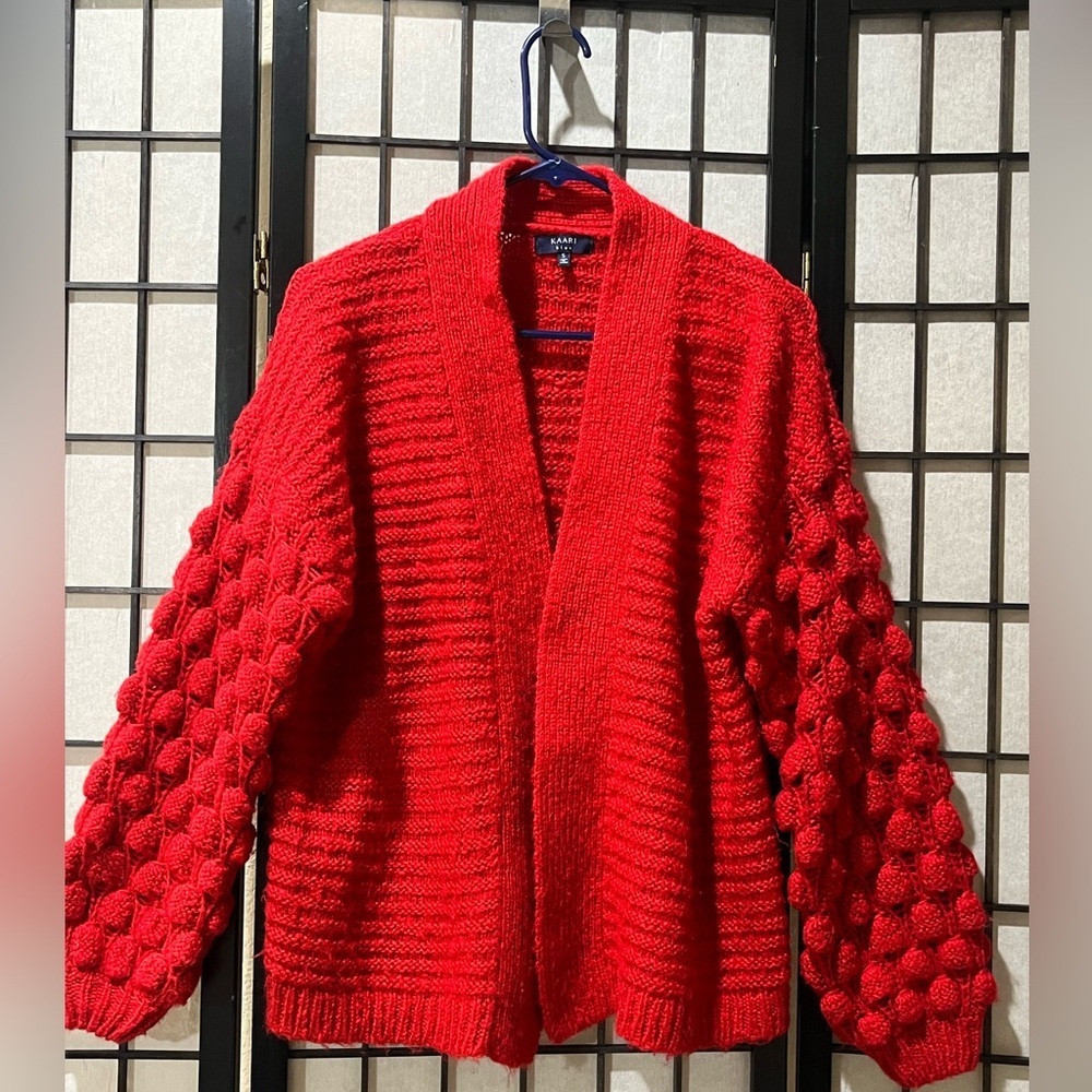KAARI BLUE Chunky Red Knit Cardigan with Bubble Sleeves SIZE S